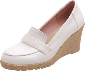 MOOMMO Women Platform Wedge Loafers Pumps Shoes Slip On Round Closed Toe Oxford Shoes Matte Leather Chunky Block Heel Penny Loafers Ladies Dressy Elegant Uniform Office Work Shoe Club Daily 4-10 M US