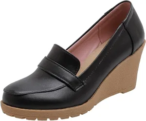 MOOMMO Women Platform Wedge Loafers Pumps Shoes Slip On Round Closed Toe Oxford Shoes Matte Leather Chunky Block Heel Penny Loafers Ladies Dressy Elegant Uniform Office Work Shoe Club Daily 4-10 M US