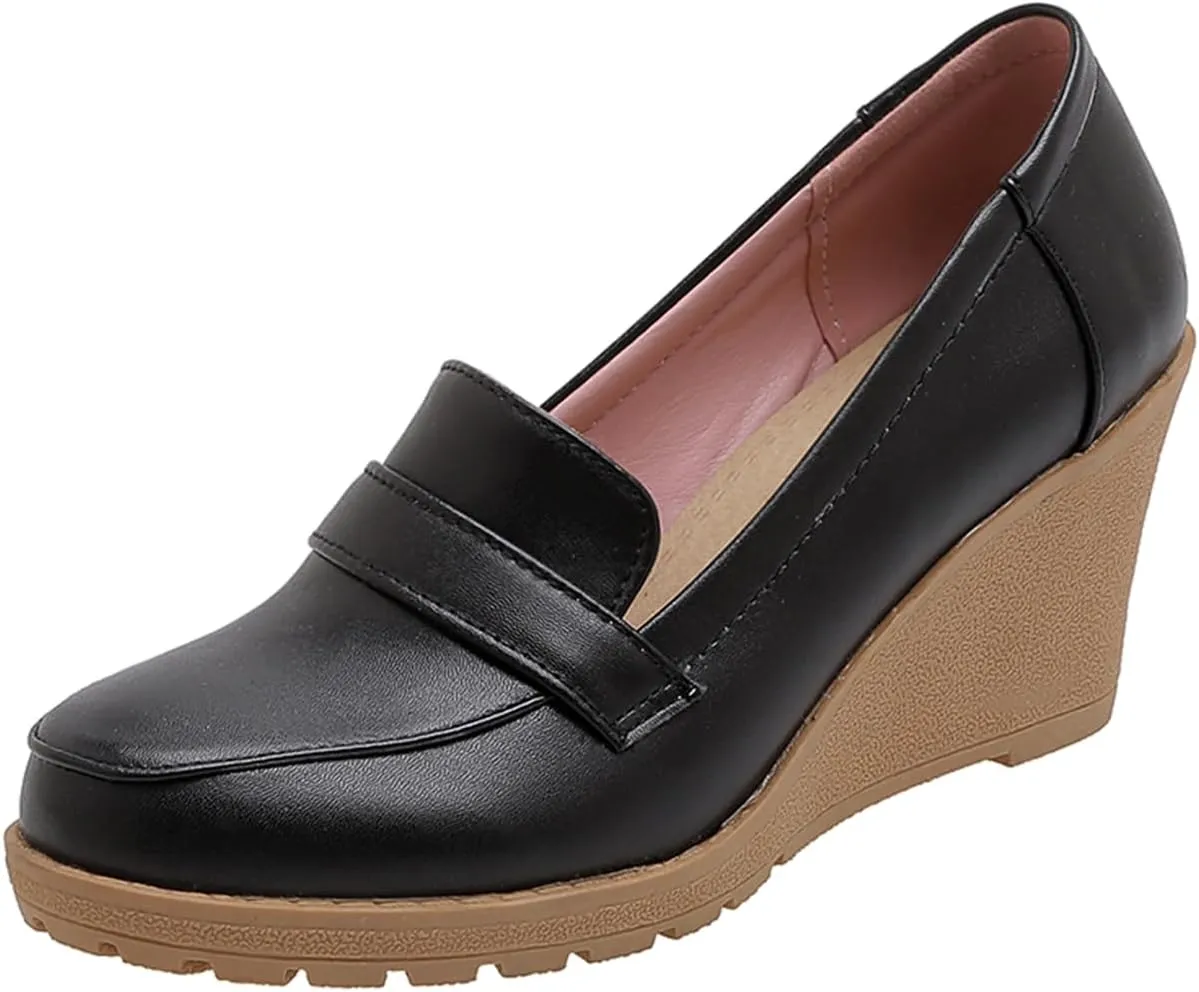 MOOMMO Women Platform Wedge Loafers Pumps Shoes Slip On Round Closed Toe Oxford Shoes Matte Leather Chunky Block Heel Penny Loafers Ladies Dressy Elegant Uniform Office Work Shoe Club Daily 4-10 M US