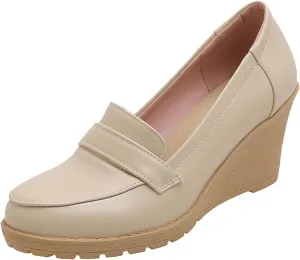 MOOMMO Women Platform Wedge Loafers Pumps Shoes Slip On Round Closed Toe Oxford Shoes Matte Leather Chunky Block Heel Penny Loafers Ladies Dressy Elegant Uniform Office Work Shoe Club Daily 4-10 M US