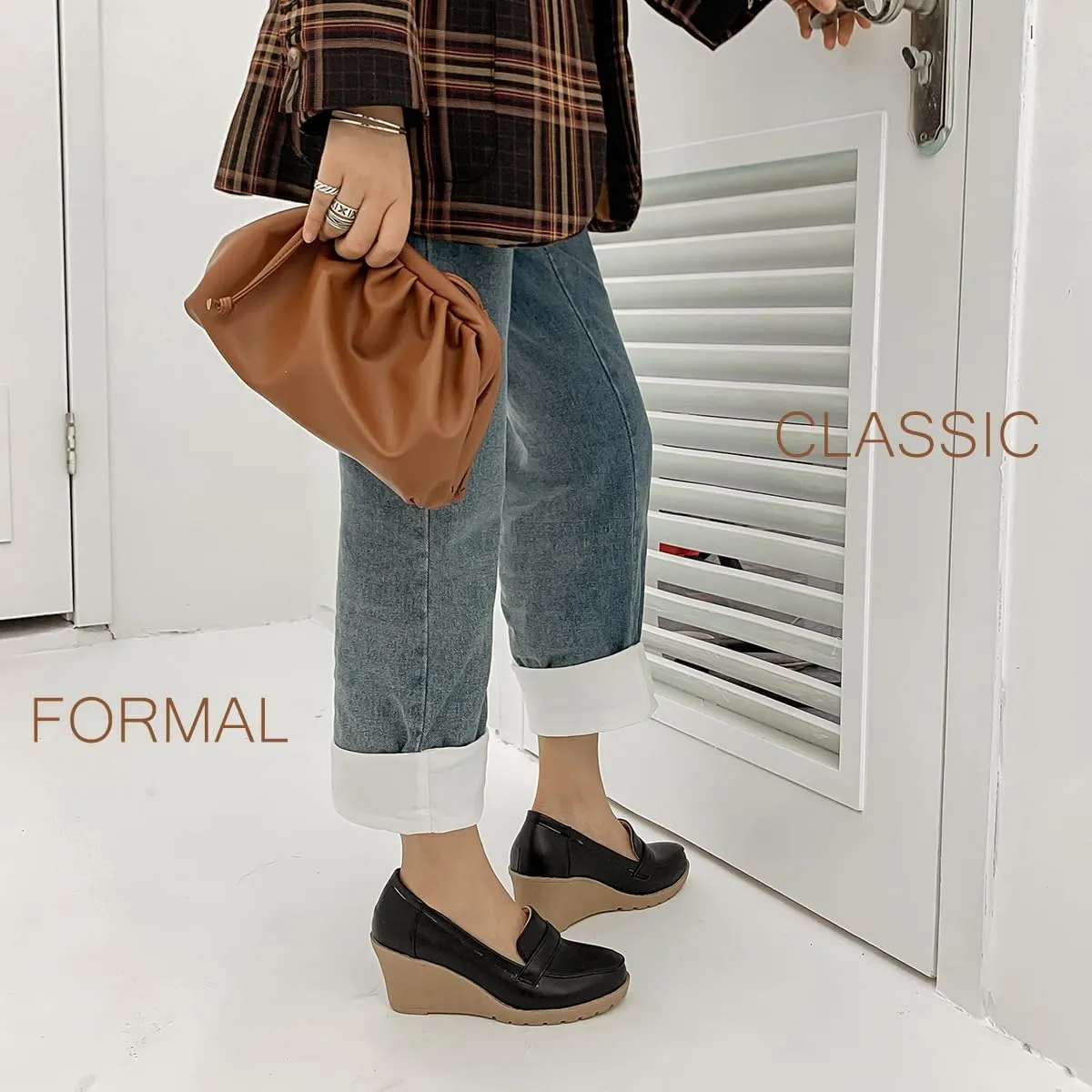 MOOMMO Women Platform Wedge Loafers Pumps Shoes Slip On Round Closed Toe Oxford Shoes Matte Leather Chunky Block Heel Penny Loafers Ladies Dressy Elegant Uniform Office Work Shoe Club Daily 4-10 M US