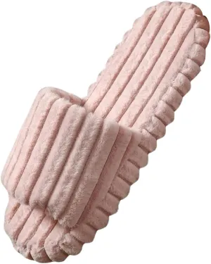 OYOANGLE Women's Fuzzy Plush Slippers Striped Textured Open Toe Comfy Flat Slippers Indoor Bedroom House Shoes