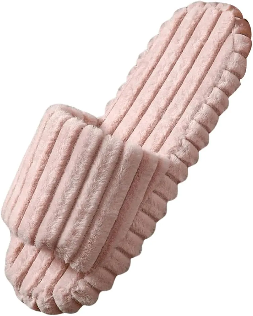 OYOANGLE Women's Fuzzy Plush Slippers Striped Textured Open Toe Comfy Flat Slippers Indoor Bedroom House Shoes