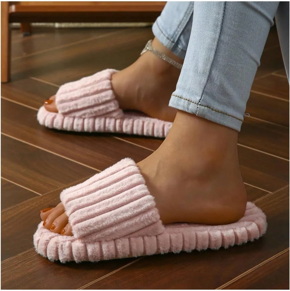 OYOANGLE Women's Fuzzy Plush Slippers Striped Textured Open Toe Comfy Flat Slippers Indoor Bedroom House Shoes