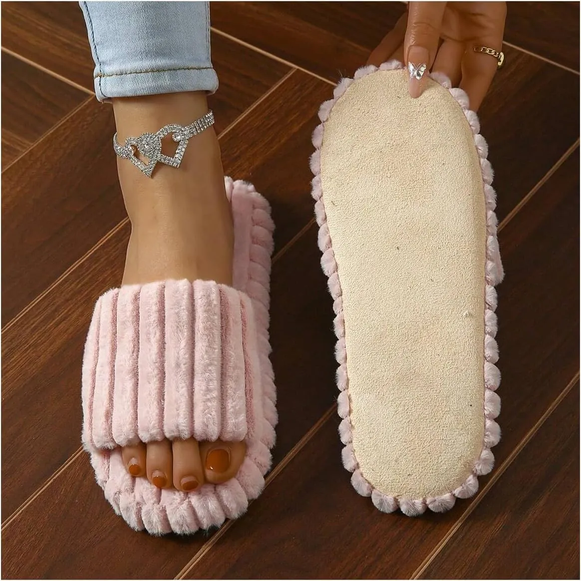 OYOANGLE Women's Fuzzy Plush Slippers Striped Textured Open Toe Comfy Flat Slippers Indoor Bedroom House Shoes