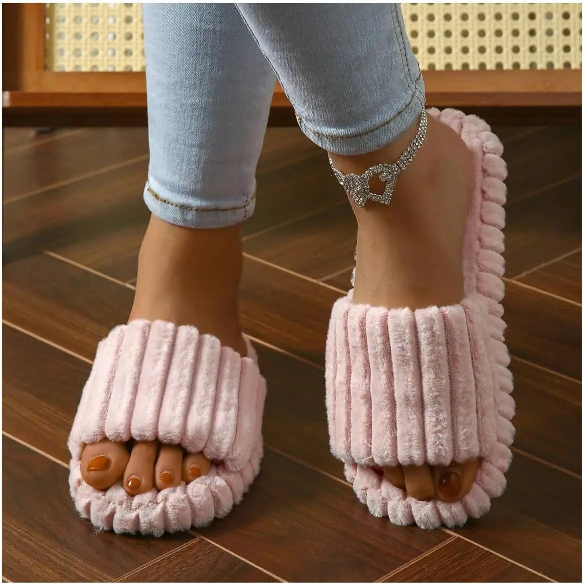 OYOANGLE Women's Fuzzy Plush Slippers Striped Textured Open Toe Comfy Flat Slippers Indoor Bedroom House Shoes