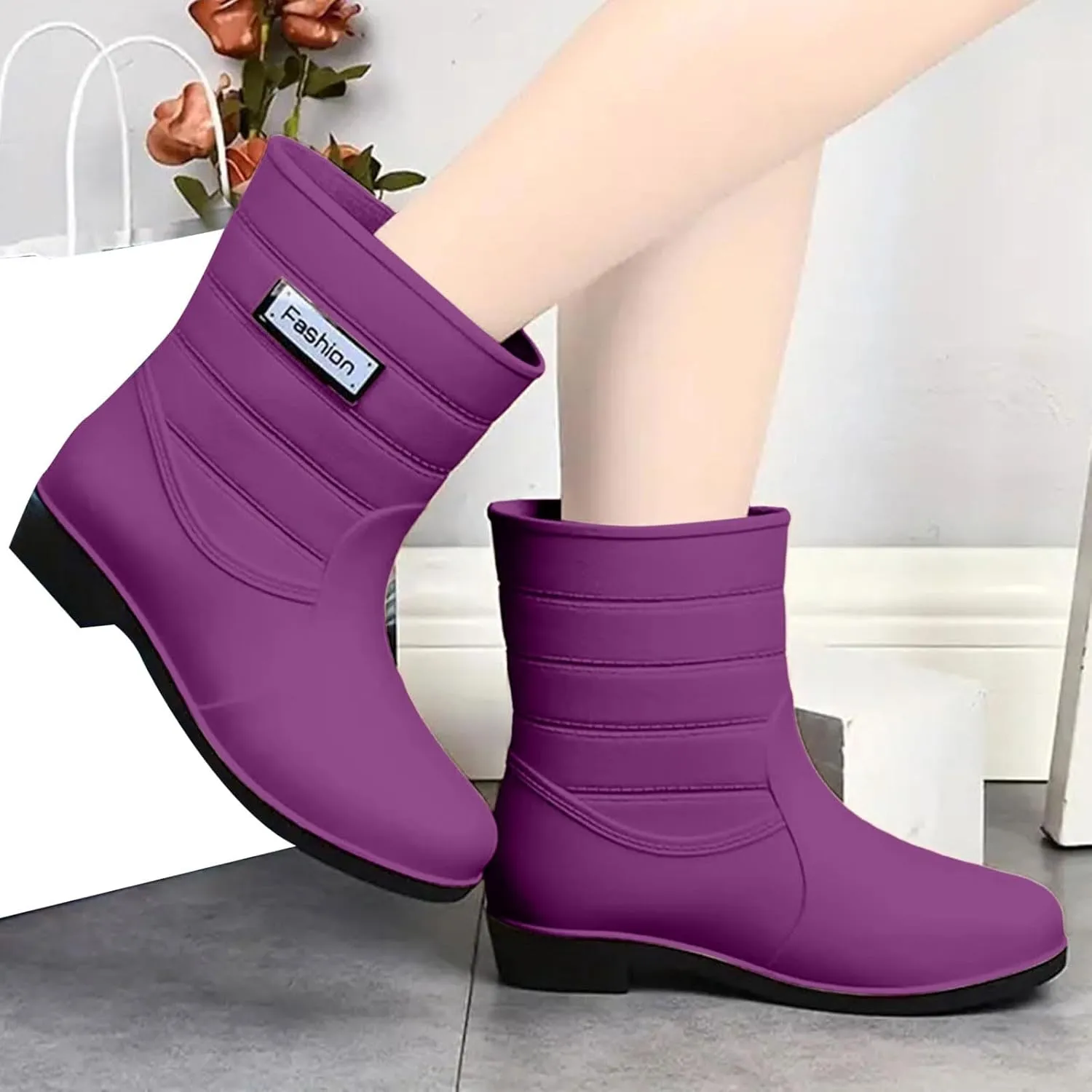Rain Boots Women Waterproof Mid Calf Lightweight Cute Booties Fashion Work Comfortable Garden Shoes