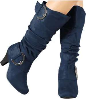 Rvidbe Women's Western Blue Solid Knee-High & Mid-Calf Block Heel & Wedge Heel Rhinestone Embellished Faux Leather Lined Leather Insole Waterproof Hiking & Cosplay Boots Size 10