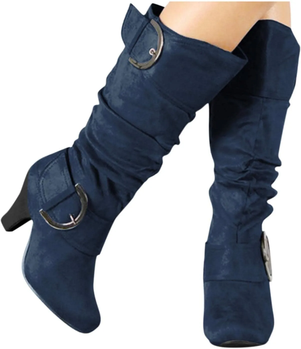 Rvidbe Women's Western Blue Solid Knee-High & Mid-Calf Block Heel & Wedge Heel Rhinestone Embellished Faux Leather Lined Leather Insole Waterproof Hiking & Cosplay Boots Size 10