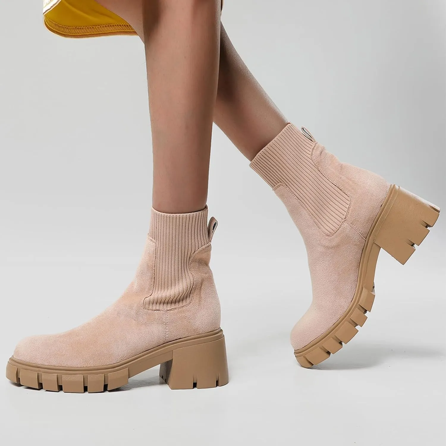 SACFOF Women's Elastic Chelsea Boots Fashion Platform Elastic Zippers Slip On Chunky Block Heel Platform Lug Sole Ankle Booties