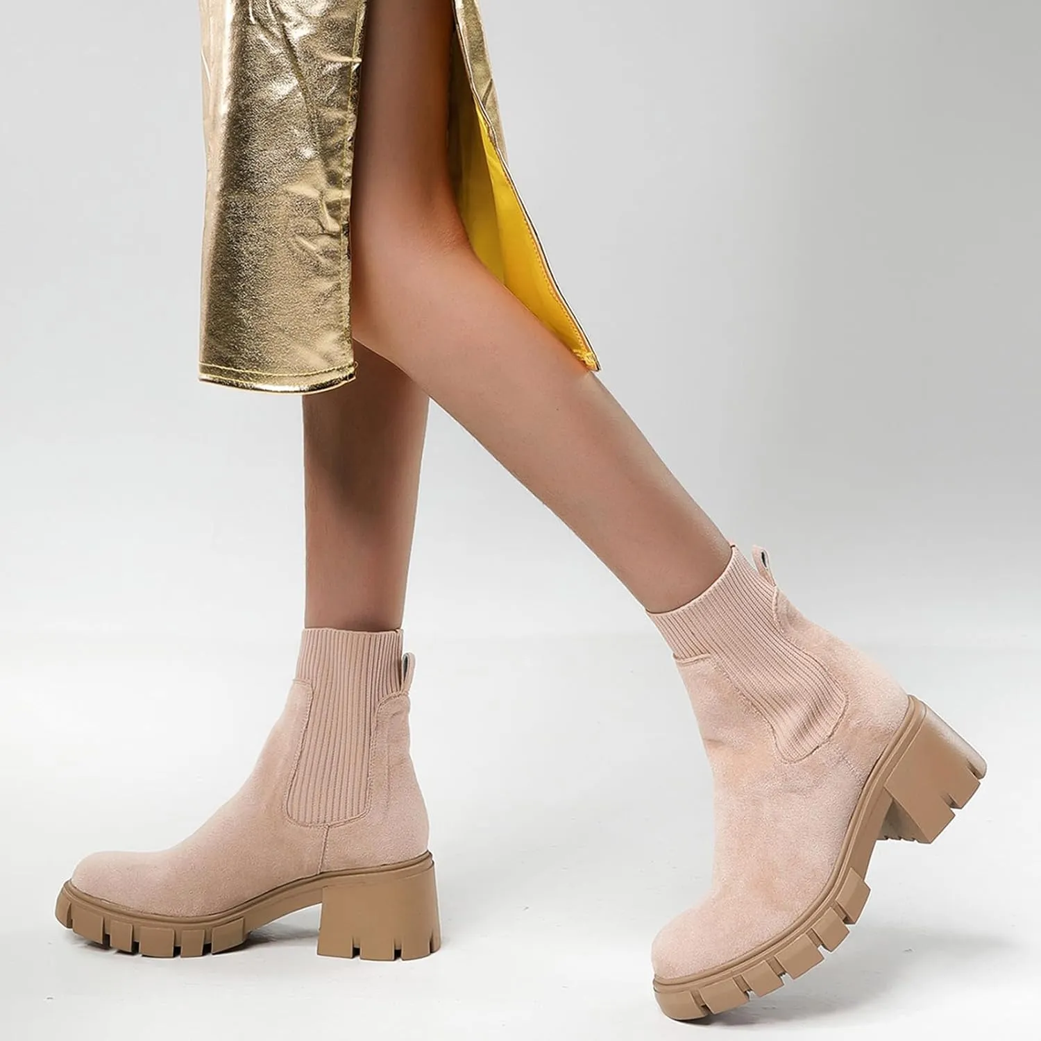 SACFOF Women's Elastic Chelsea Boots Fashion Platform Elastic Zippers Slip On Chunky Block Heel Platform Lug Sole Ankle Booties