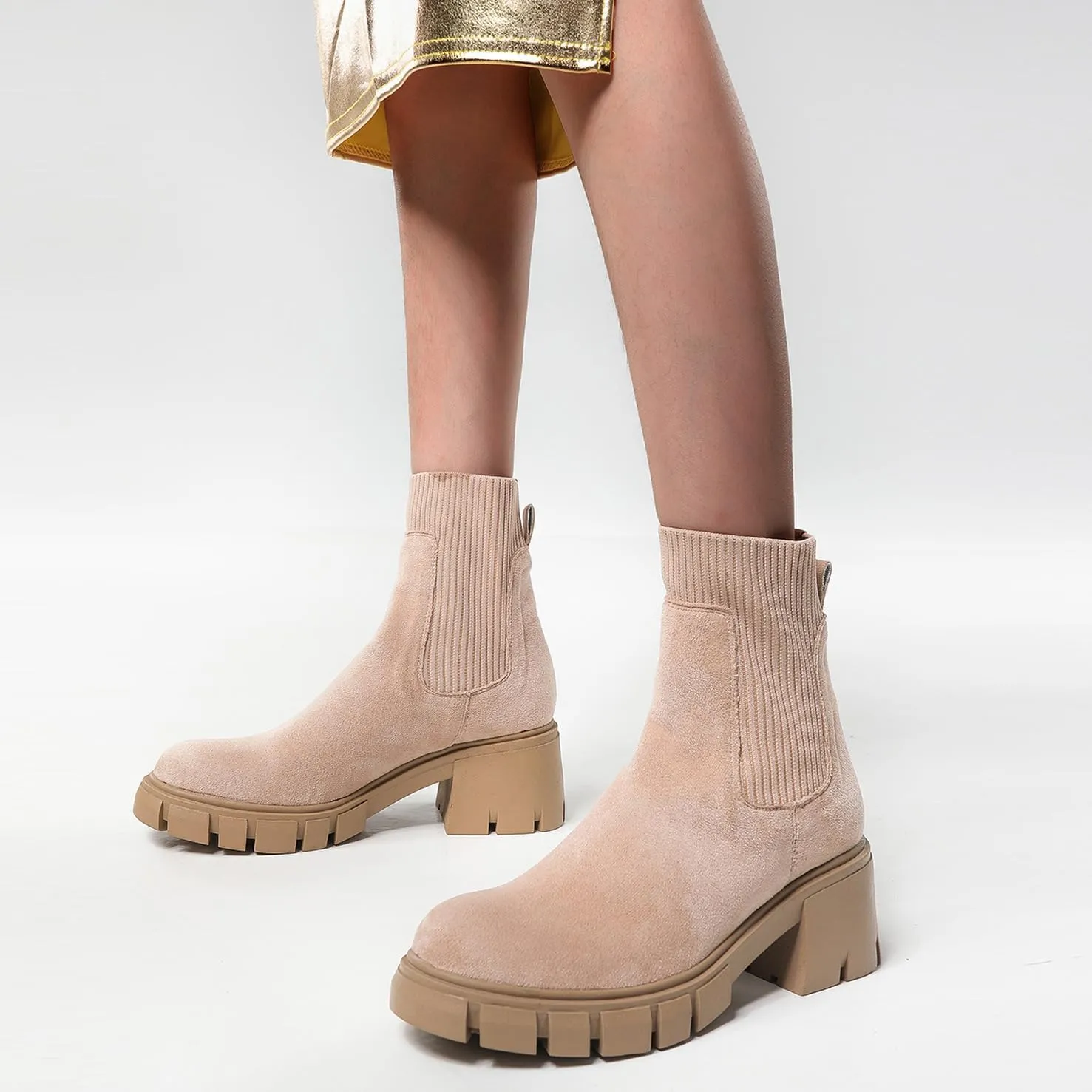 SACFOF Women's Elastic Chelsea Boots Fashion Platform Elastic Zippers Slip On Chunky Block Heel Platform Lug Sole Ankle Booties