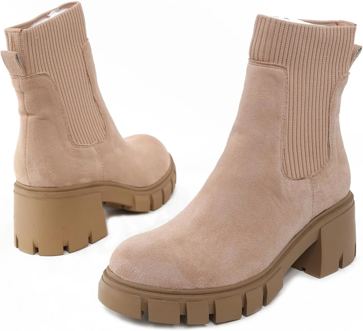 SACFOF Women's Elastic Chelsea Boots Fashion Platform Elastic Zippers Slip On Chunky Block Heel Platform Lug Sole Ankle Booties