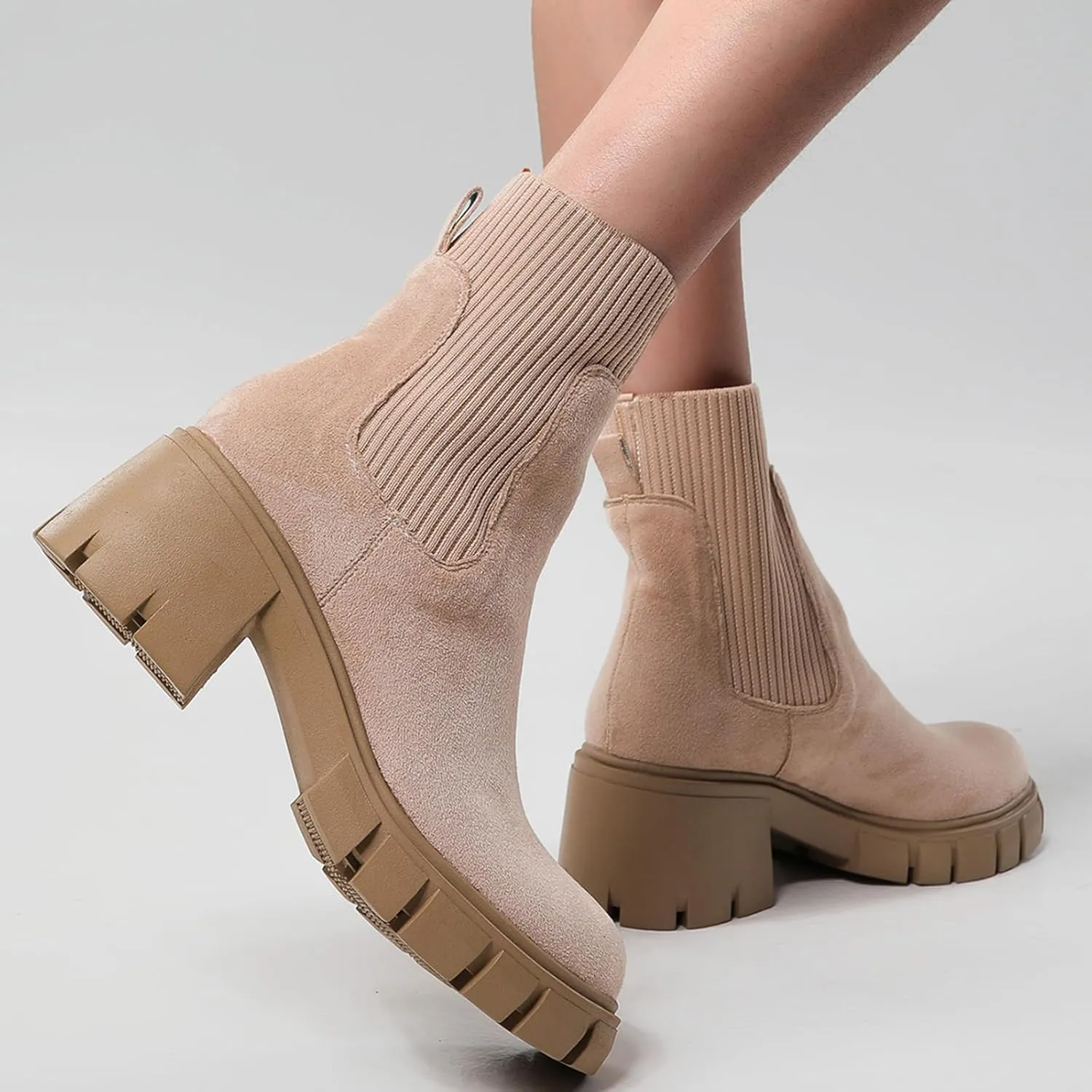 SACFOF Women's Elastic Chelsea Boots Fashion Platform Elastic Zippers Slip On Chunky Block Heel Platform Lug Sole Ankle Booties