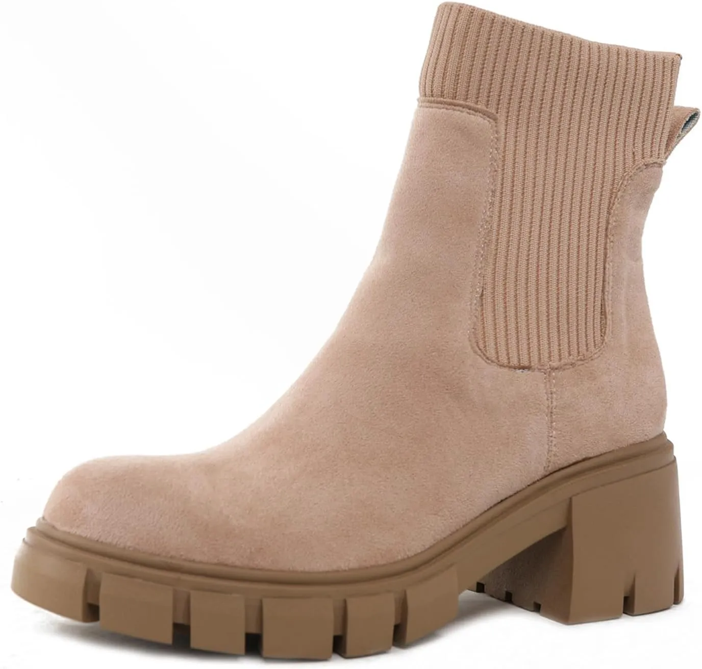 SACFOF Women's Elastic Chelsea Boots Fashion Platform Elastic Zippers Slip On Chunky Block Heel Platform Lug Sole Ankle Booties