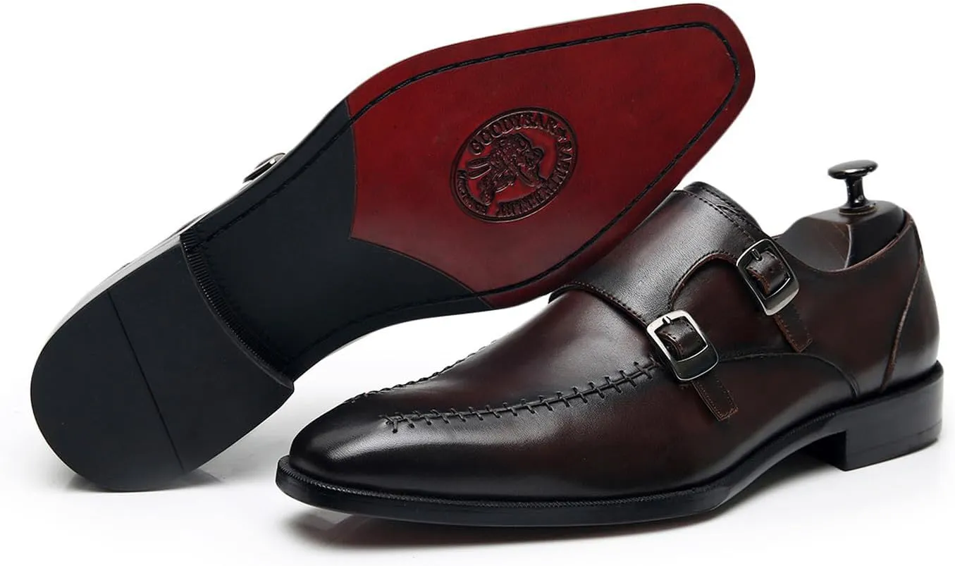 Santimon Men's Double Monk Strap Dress Loafers, Genuine Leather Pointed Toe Brown Shoes,Blake Stitched Prom Wedding Tuxedo Shoes for Men