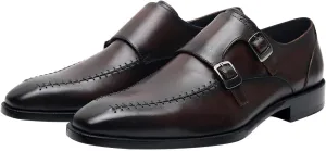 Santimon Men's Double Monk Strap Dress Loafers, Genuine Leather Pointed Toe Brown Shoes,Blake Stitched Prom Wedding Tuxedo Shoes for Men