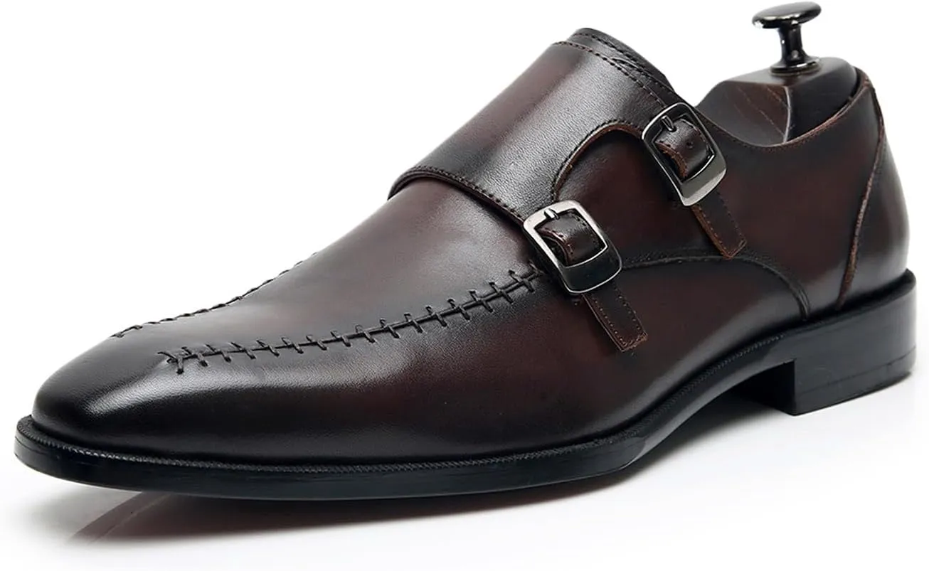 Santimon Men's Double Monk Strap Dress Loafers, Genuine Leather Pointed Toe Brown Shoes,Blake Stitched Prom Wedding Tuxedo Shoes for Men