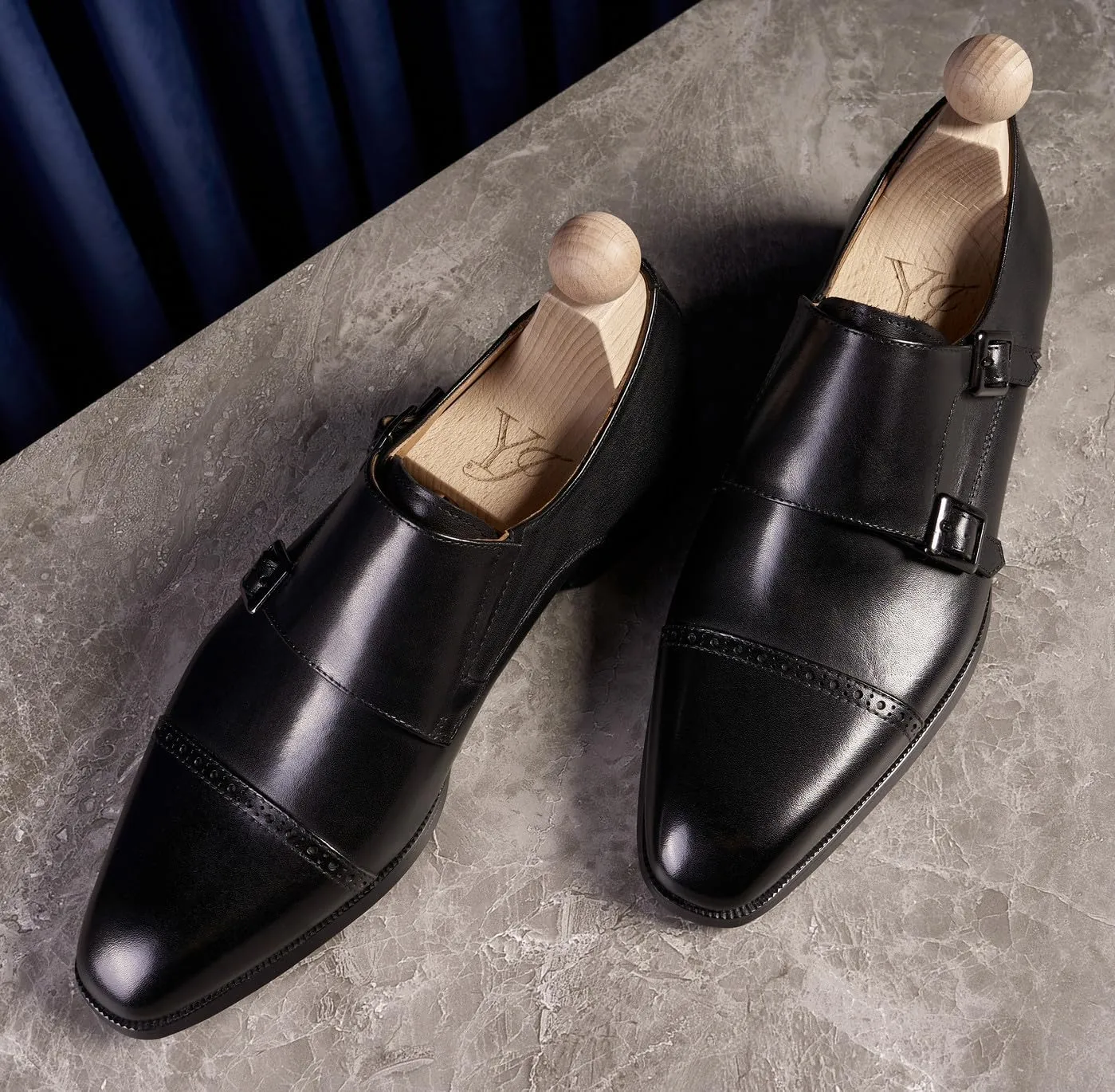 Santimon Men's Leather Monk Strap Dress Shoes, Blake Stitched, Black Genuine Cowhide Loafers,Prom Wedding Business Mocasines Tuxedo Shoes for Men