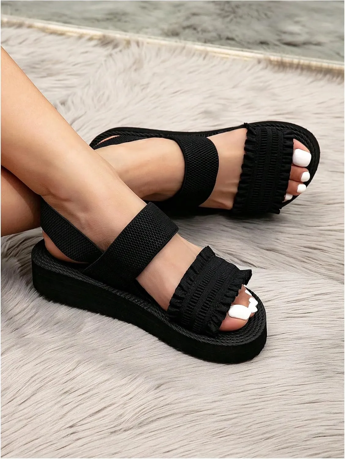 SHENHE Women's Ruffle Wide Strap Flat Sandals Textured Open Toe Casual Slide Sandals