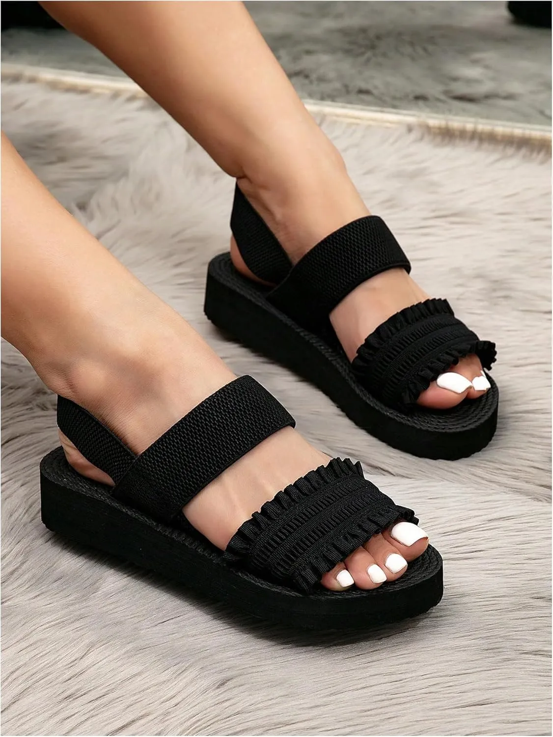 SHENHE Women's Ruffle Wide Strap Flat Sandals Textured Open Toe Casual Slide Sandals