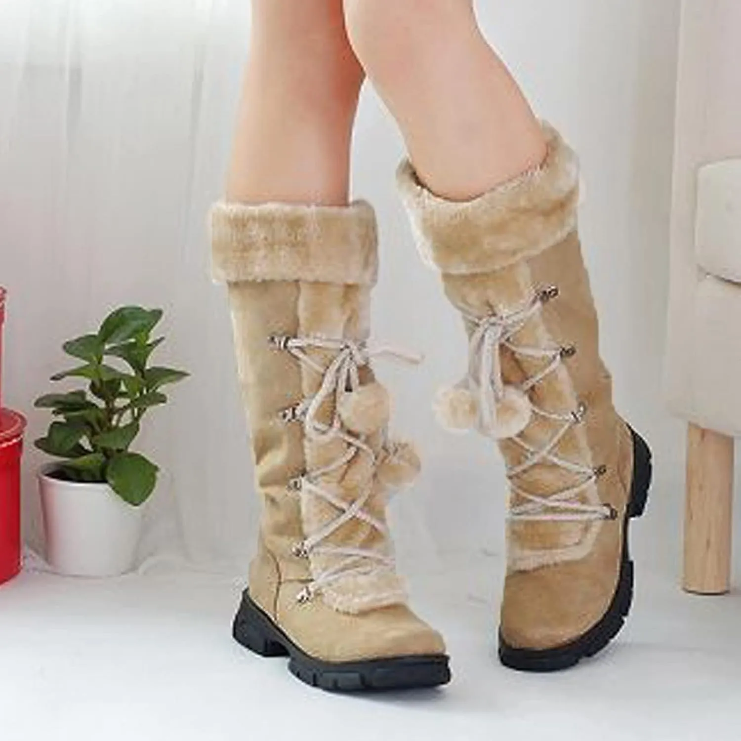 Snow Boots for Women Mid Calf Boots for Women Retro Round Toe Suede Square Heel Warm Zipper Mid Calf Snow Boots Shoes