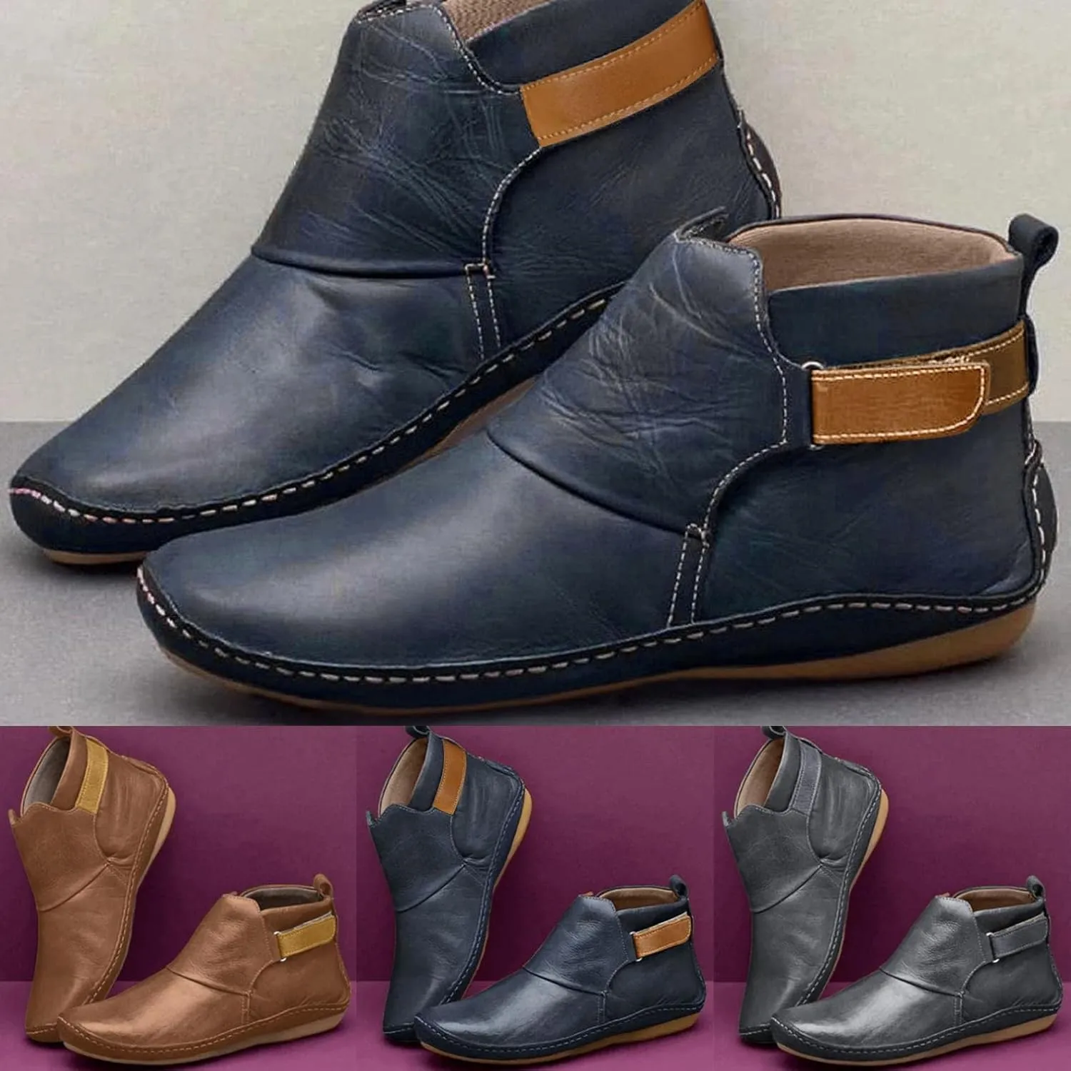 Snow Boots for Women No Heel 2022 New Arch Support Boots Side Zipper Vintage Leather Damping Shoes Flat Booties