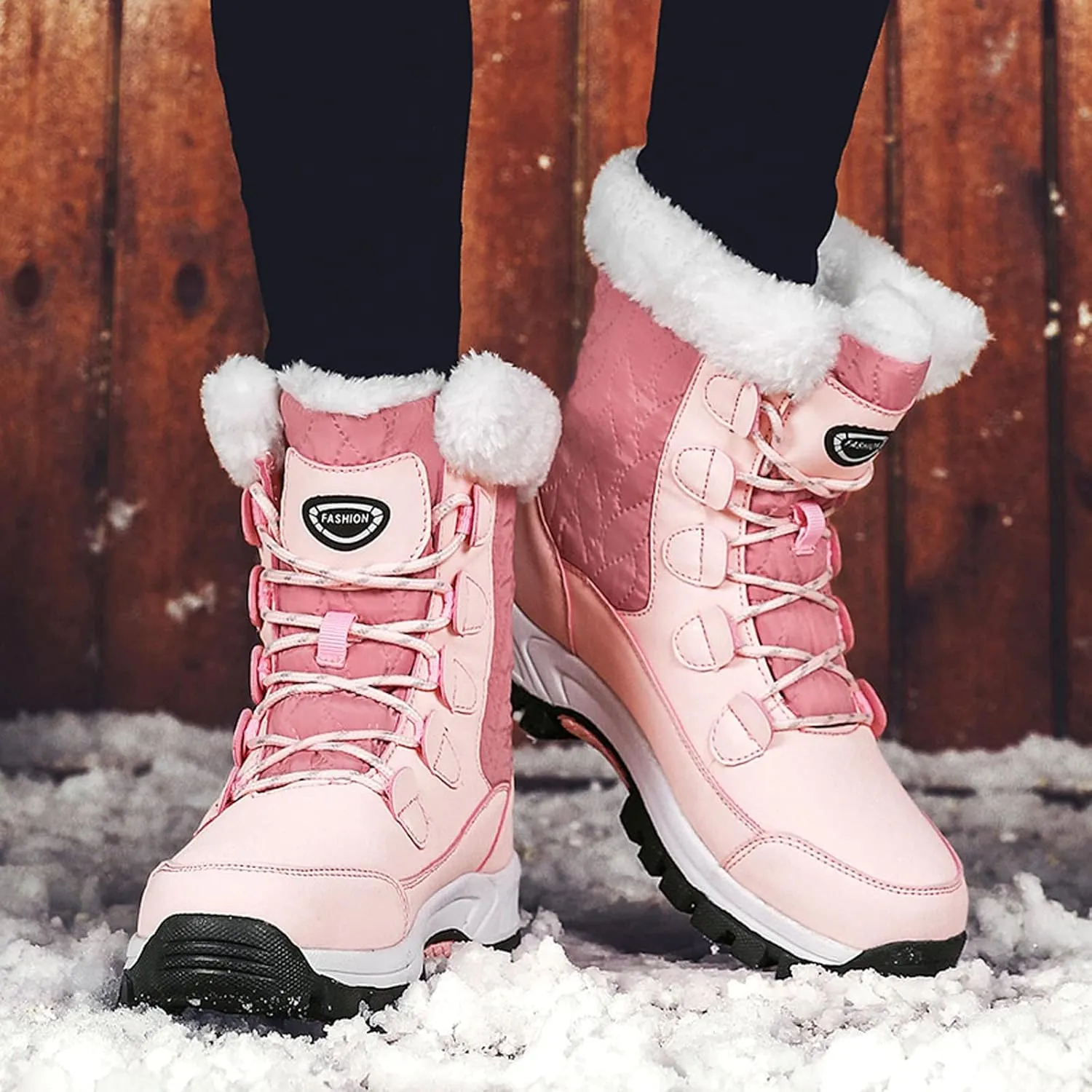 Snow Boots For Women Waterproof Ankle Boots for Women Warm Round Toe Leather Lace Up Flat Heel Women's Long Boots