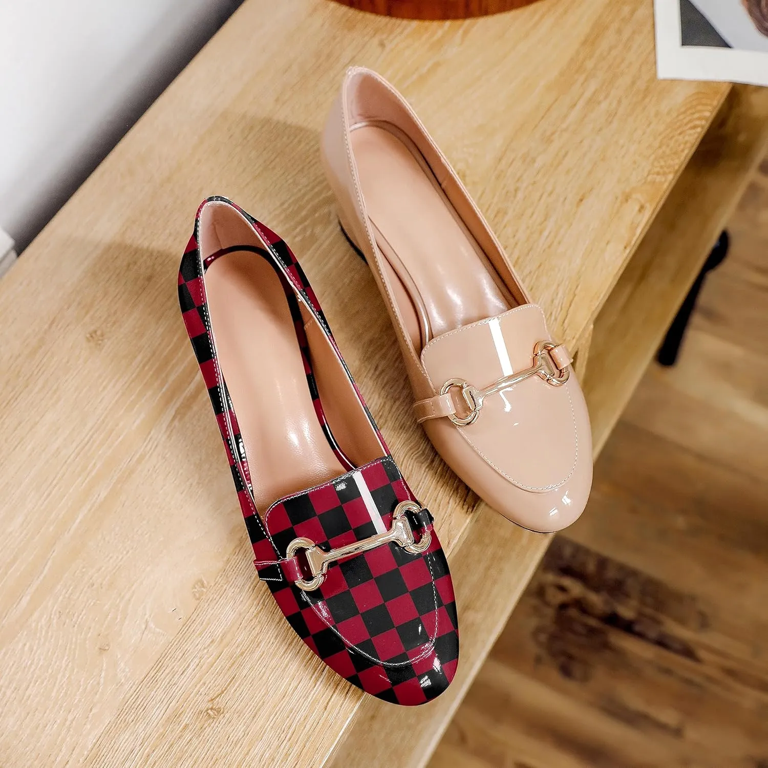 Soireelady Loafers Heels for Women ，Ladies Chunky Heels with Chains, Closed Round Toe Heels Comfortable Shoes, 2‘’ Slip On Heels Low Pumps for Women Office Wedding Evening
