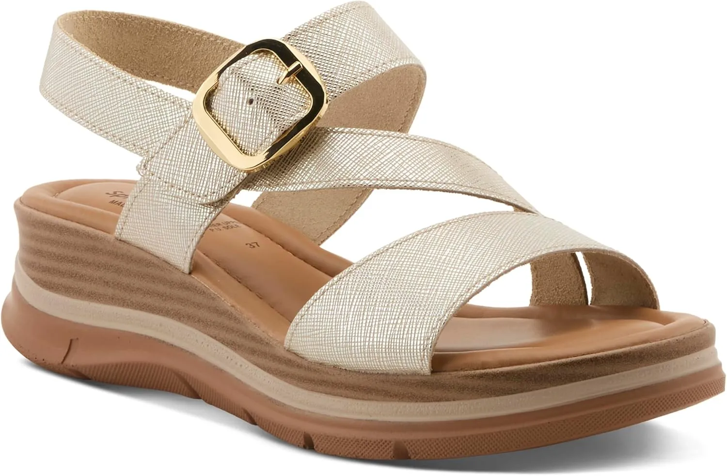 Spring Step Women's TALIAH Leather Hook-and-Loop Sandals  Italian Craftsmanship, Faux Wood Wedge, Chic Textured Design, 3-Inch Heel