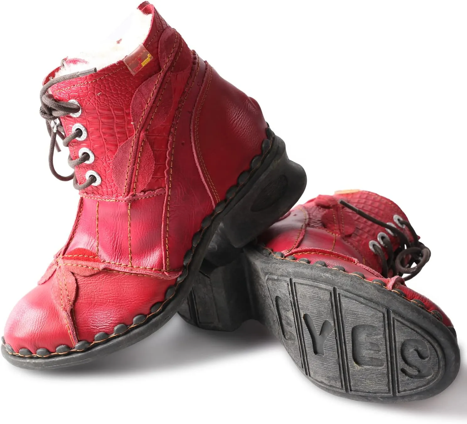 TMA EYES Textured Leather Patchwork Washed Leather Lace-Up Women's Ankle boots
