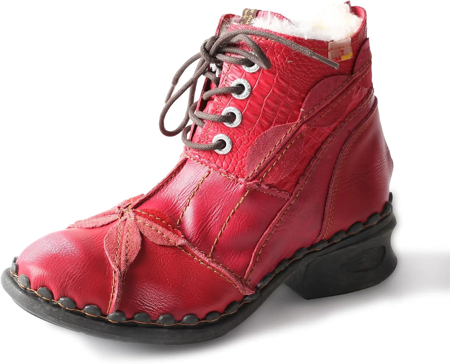 TMA EYES Textured Leather Patchwork Washed Leather Lace-Up Women's Ankle boots
