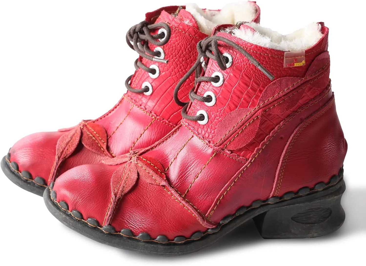 TMA EYES Textured Leather Patchwork Washed Leather Lace-Up Women's Ankle boots