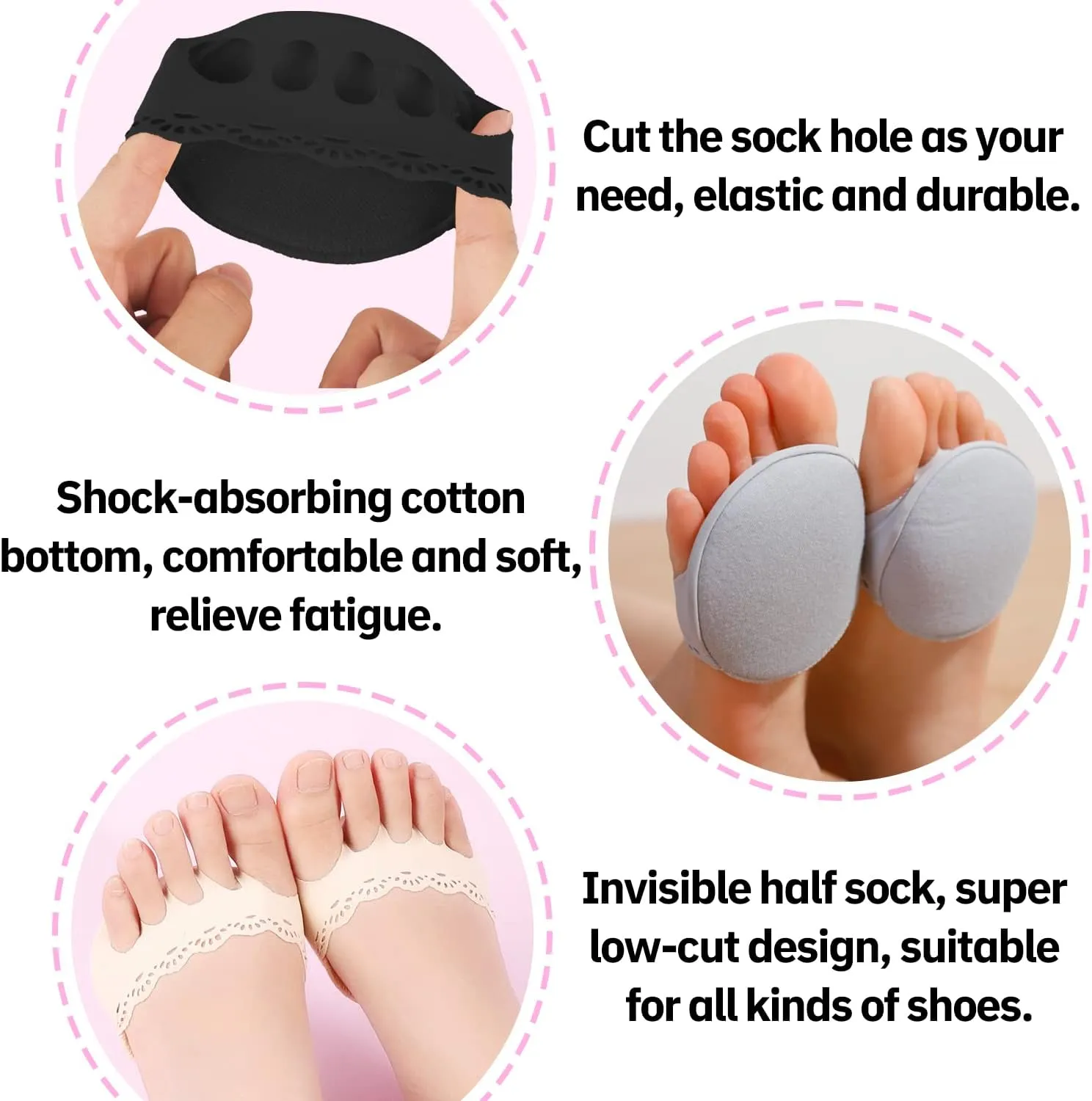 Triplewood 3 Pairs Women's Open Toe Slide Sandal Liner Socks Non Slip Toe Cover No Show Half Socks with Sponge Cushion