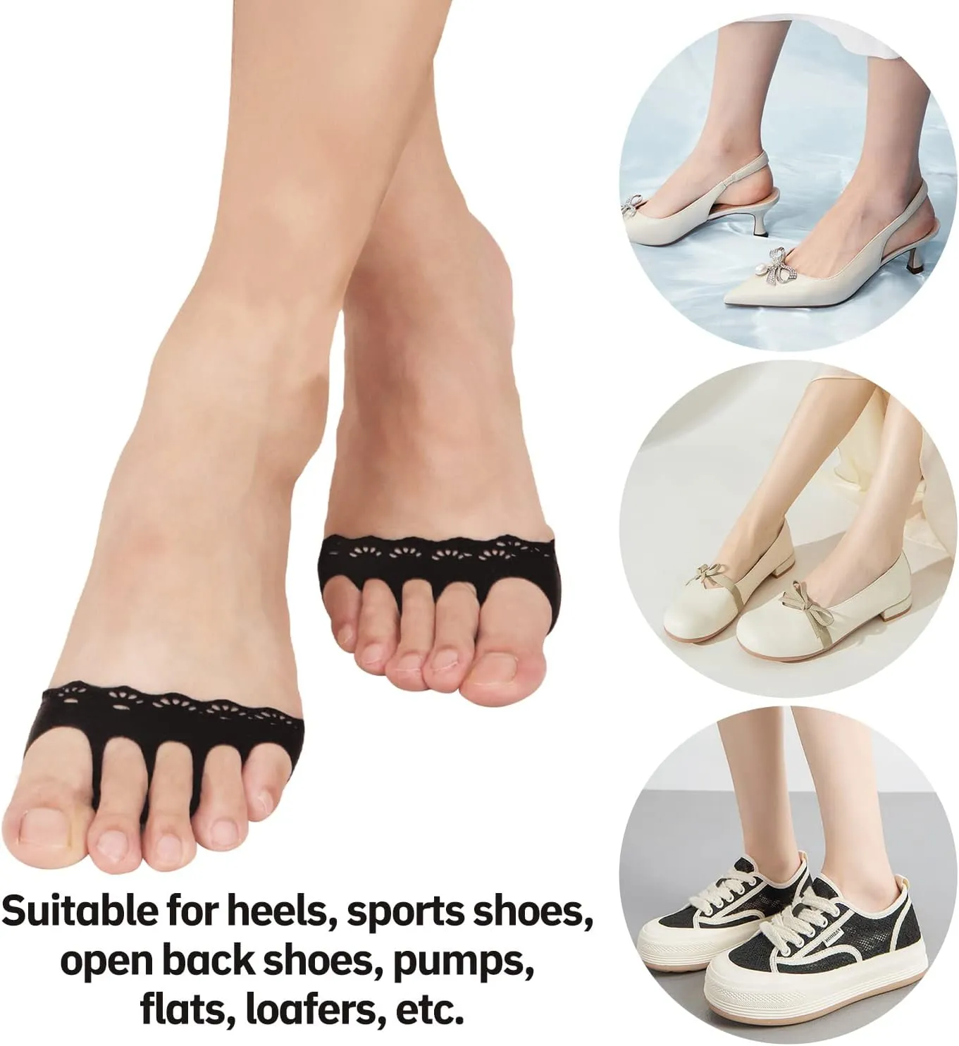 Triplewood 3 Pairs Women's Open Toe Slide Sandal Liner Socks Non Slip Toe Cover No Show Half Socks with Sponge Cushion