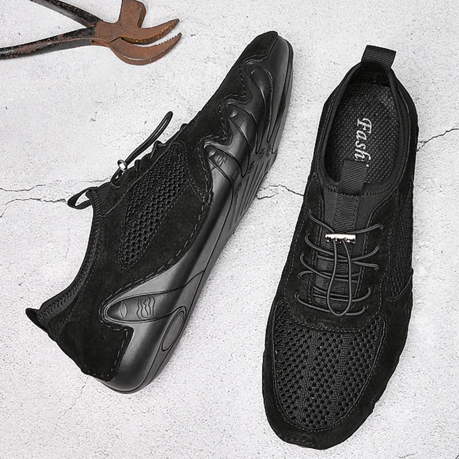 URLECHS Men's Leather Breathable Mesh Loafers,Lightweight Comfortable Slip On Outdoor Casual Shoes Hand Stitched Fashion Sneakers Flat Driving Shoes