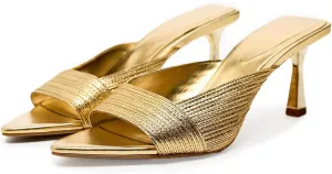 VARECOLA Gold Slip on Pump Sandal Shoes for Women Elegant Comfortable Open Toe Slingback Stiletto Straw Woven Textured Slippers