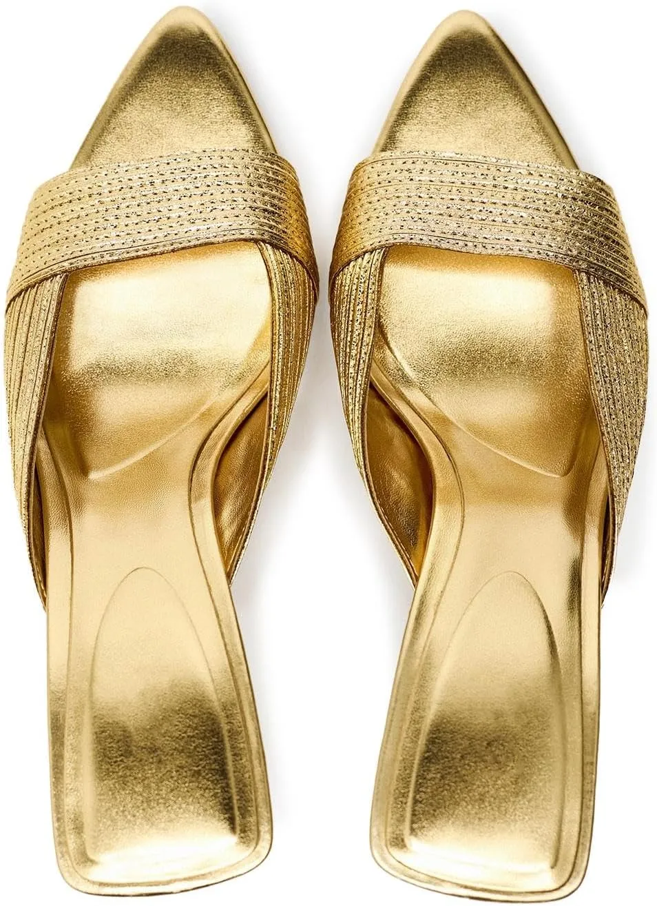 VARECOLA Gold Slip on Pump Sandal Shoes for Women Elegant Comfortable Open Toe Slingback Stiletto Straw Woven Textured Slippers