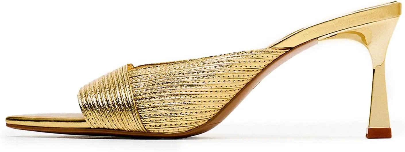 VARECOLA Gold Slip on Pump Sandal Shoes for Women Elegant Comfortable Open Toe Slingback Stiletto Straw Woven Textured Slippers