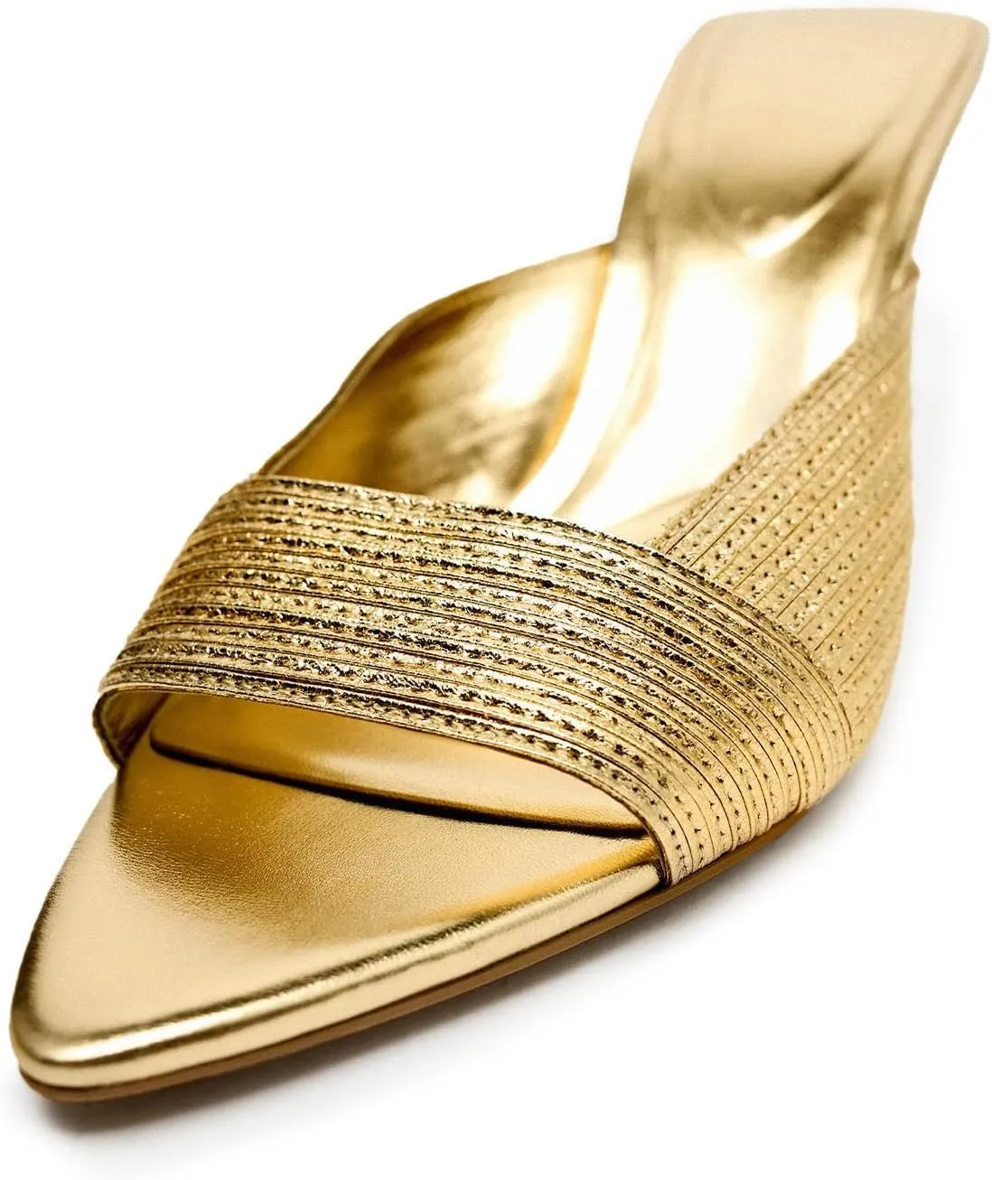 VARECOLA Gold Slip on Pump Sandal Shoes for Women Elegant Comfortable Open Toe Slingback Stiletto Straw Woven Textured Slippers
