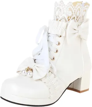 White Cowgirl Boots Woman Round Toe Lace Trim Ankle Boots Lolita Bow Lace-Up Back Zipper Low Heel Thick Booties