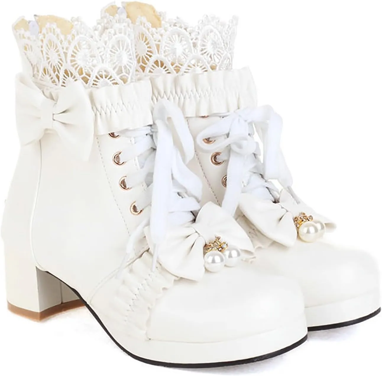 White Cowgirl Boots Woman Round Toe Lace Trim Ankle Boots Lolita Bow Lace-Up Back Zipper Low Heel Thick Booties