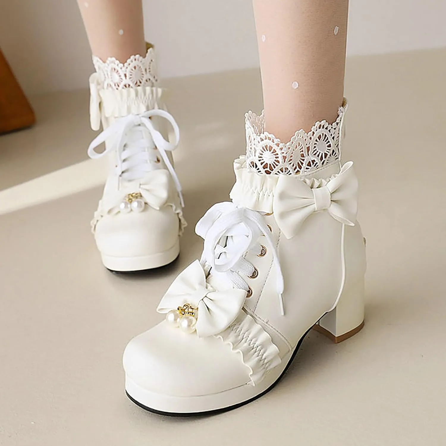 White Cowgirl Boots Woman Round Toe Lace Trim Ankle Boots Lolita Bow Lace-Up Back Zipper Low Heel Thick Booties
