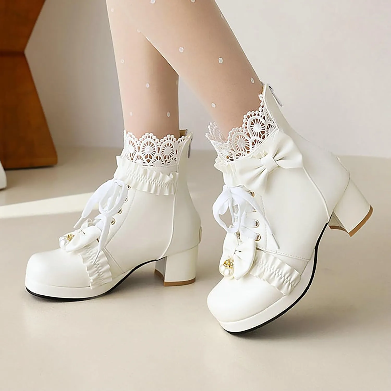 White Cowgirl Boots Woman Round Toe Lace Trim Ankle Boots Lolita Bow Lace-Up Back Zipper Low Heel Thick Booties