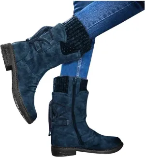 Wide Calf Boots for Women Leather, Knee High Boots Women Wide Calf, Mid Calf Boots for Women Black, Women Stylish Mid Calf Boots Retro Trendy Comfort Shoes Thick Heel Mid Calf Booties