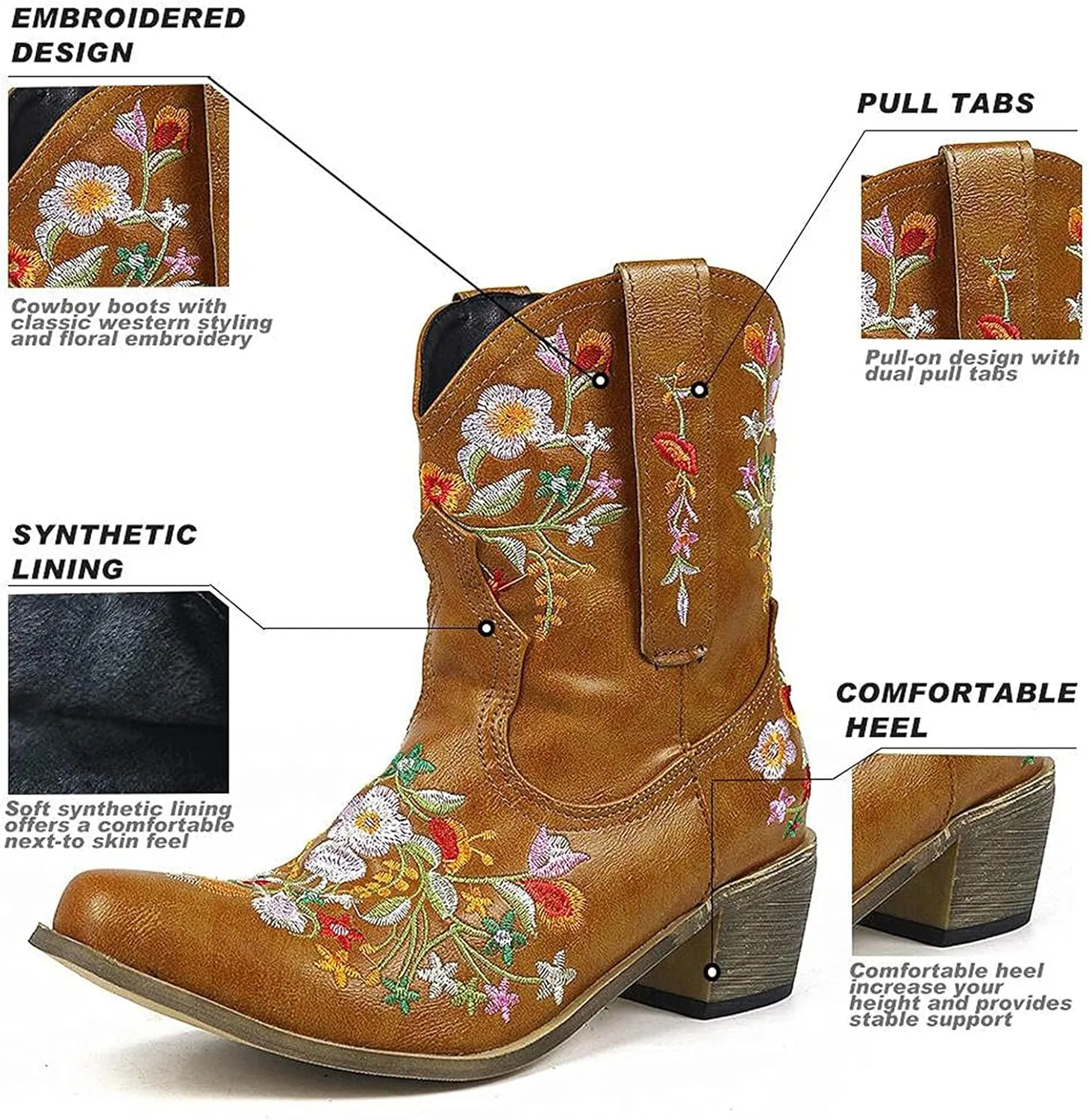 Wide Calf Cowboy Boots Cowgirl Booties for Women Embroidered Chunky Heel Pointed Toe Western Boots Pull On Boots