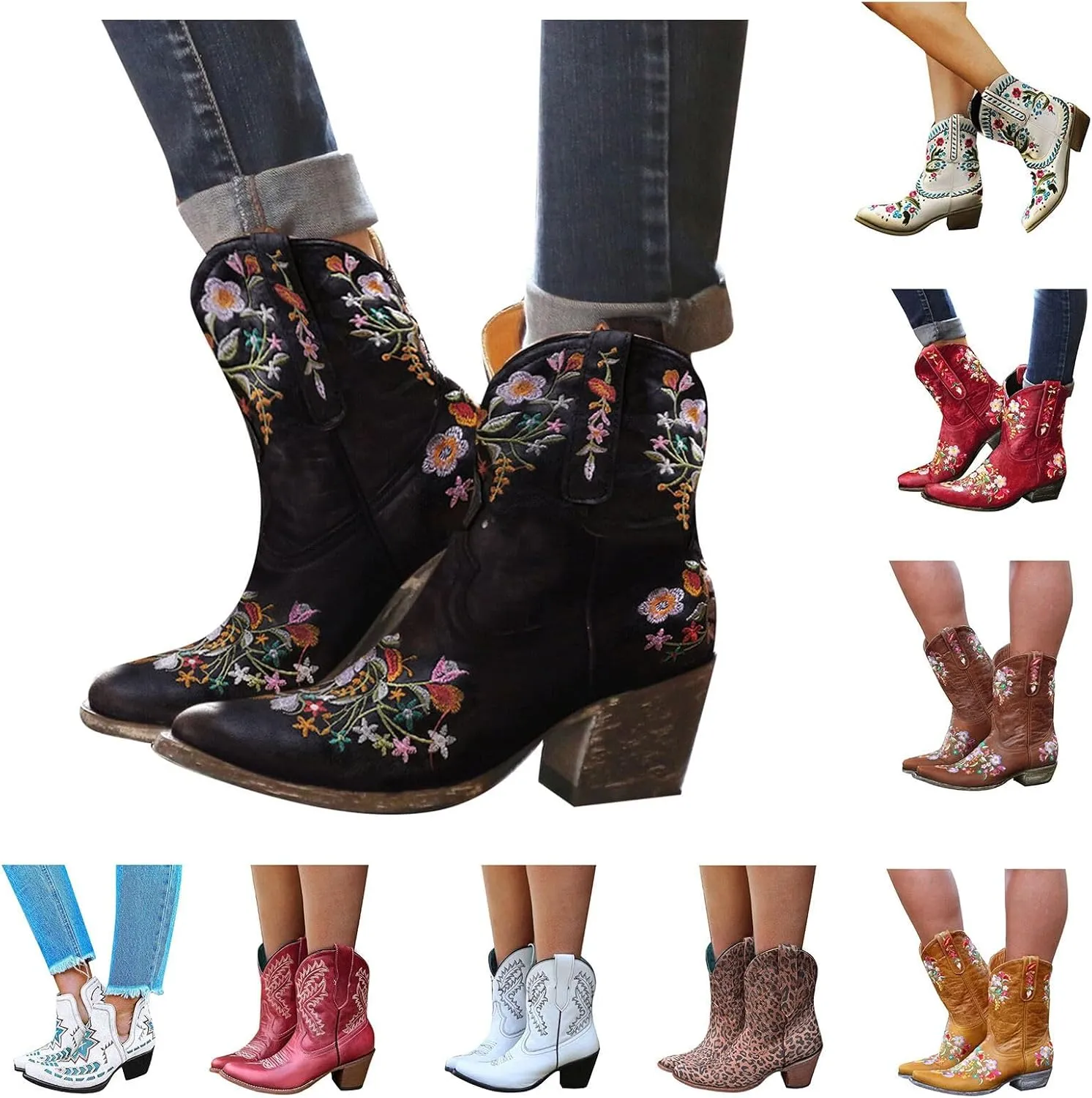 Wide Calf Cowboy Boots Cowgirl Booties for Women Embroidered Chunky Heel Pointed Toe Western Boots Pull On Boots
