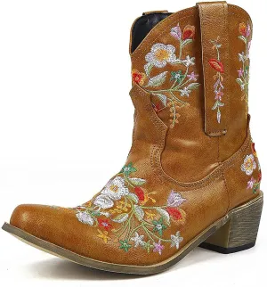 Wide Calf Cowboy Boots Cowgirl Booties for Women Embroidered Chunky Heel Pointed Toe Western Boots Pull On Boots