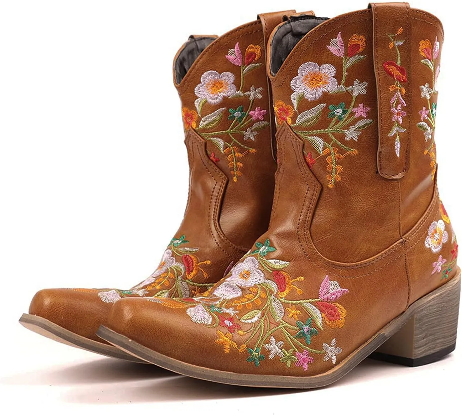 Wide Calf Cowboy Boots Cowgirl Booties for Women Embroidered Chunky Heel Pointed Toe Western Boots Pull On Boots