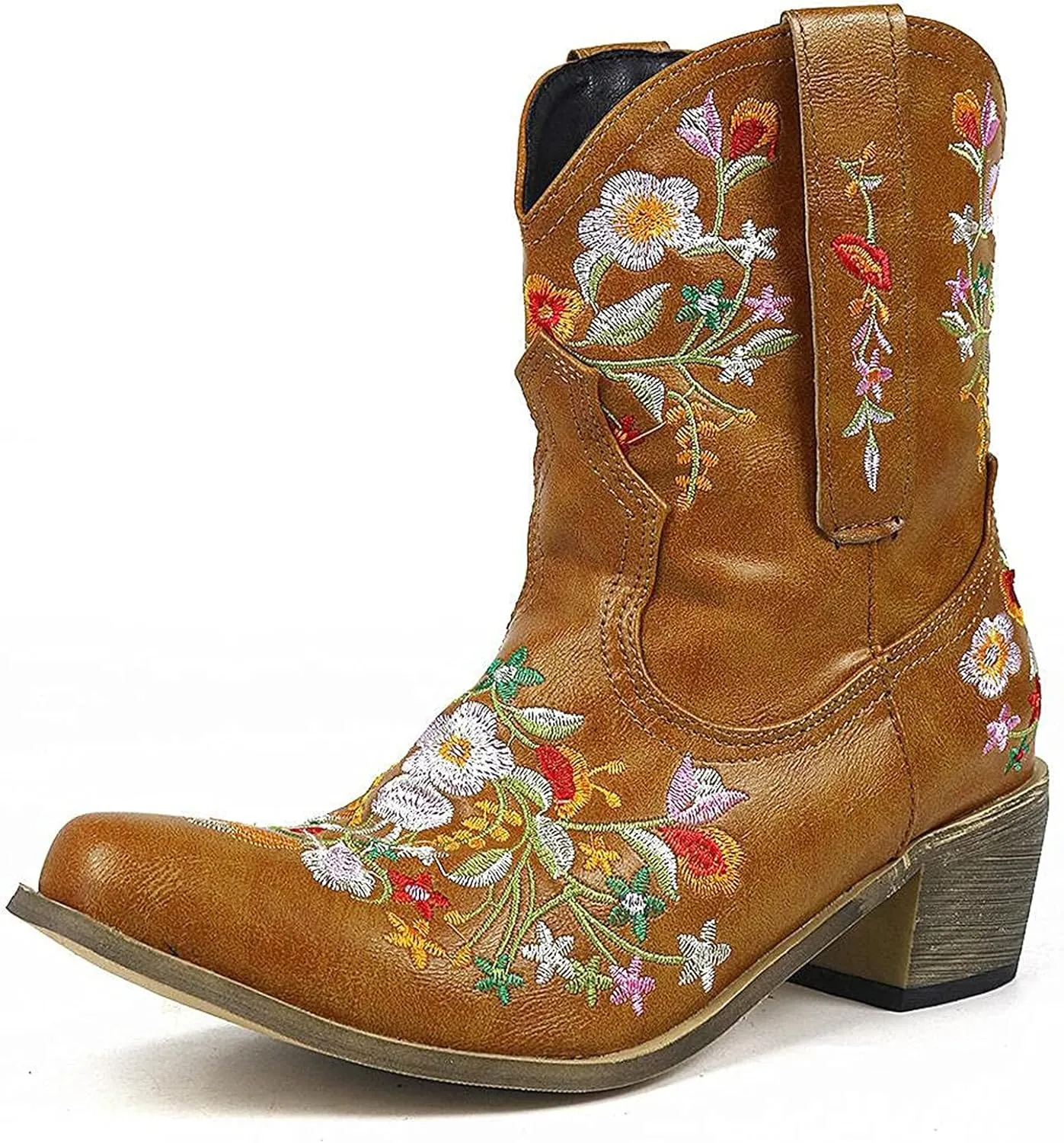 Wide Calf Cowboy Boots Cowgirl Booties for Women Embroidered Chunky Heel Pointed Toe Western Boots Pull On Boots
